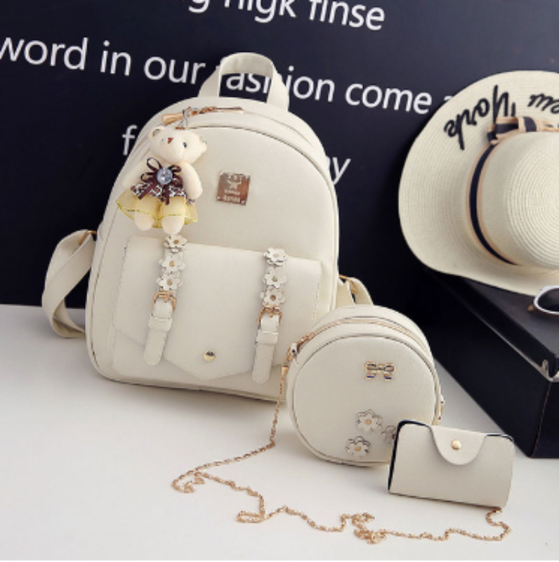 3pcs Set Leather Backpack Shoulder Round Bag Purse