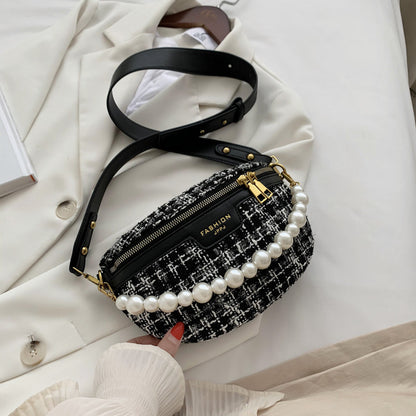 Contrast Color Pearl Wide Strap Shoulder Bag