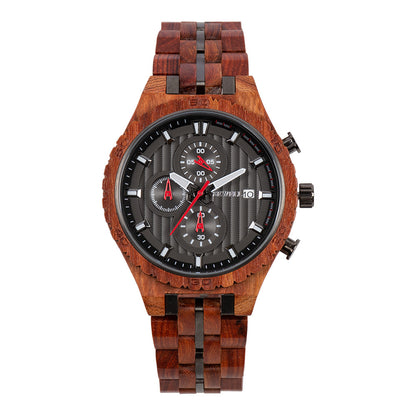 Montre multifonctionnelle en acier et bois pour hommes