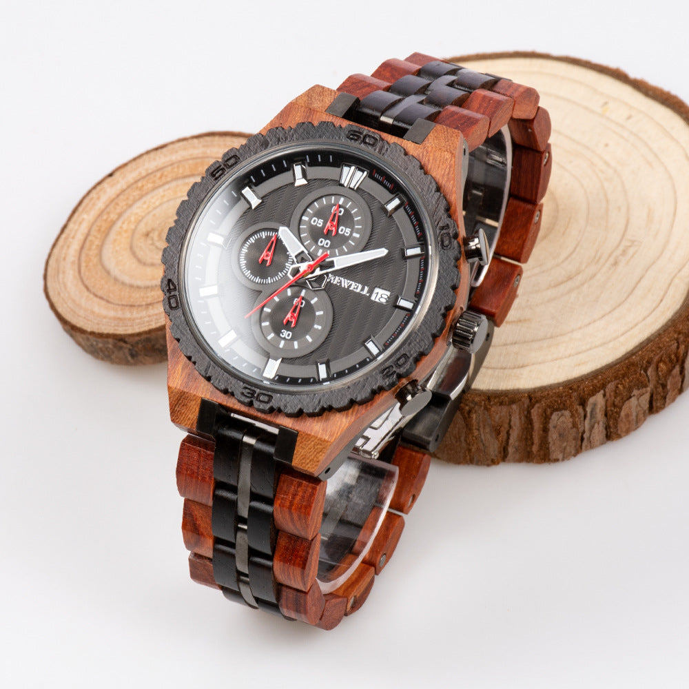 Montre multifonctionnelle en acier et bois pour hommes