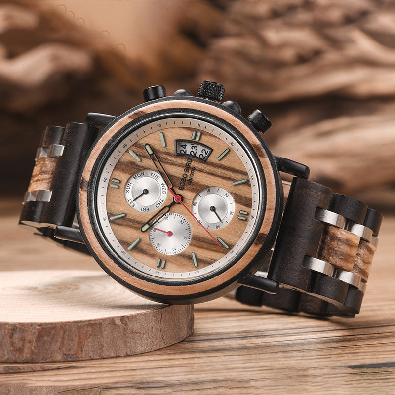 Montre multifonctionnelle en bois massif