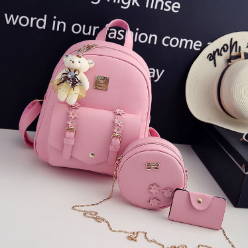 3pcs Set Leather Backpack Shoulder Round Bag Purse