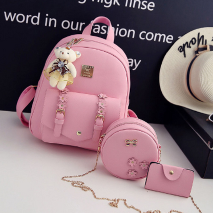 3pcs Set Leather Backpack Shoulder Round Bag Purse