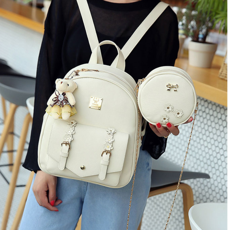 3pcs Set Leather Backpack Shoulder Round Bag Purse