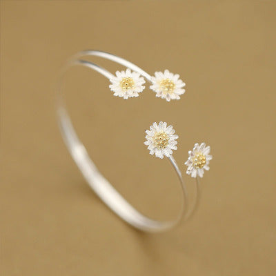 Bracelet Double Fleur En Argent Massif