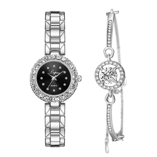 Set-Watch And Bracelet Encrusted With Crystals