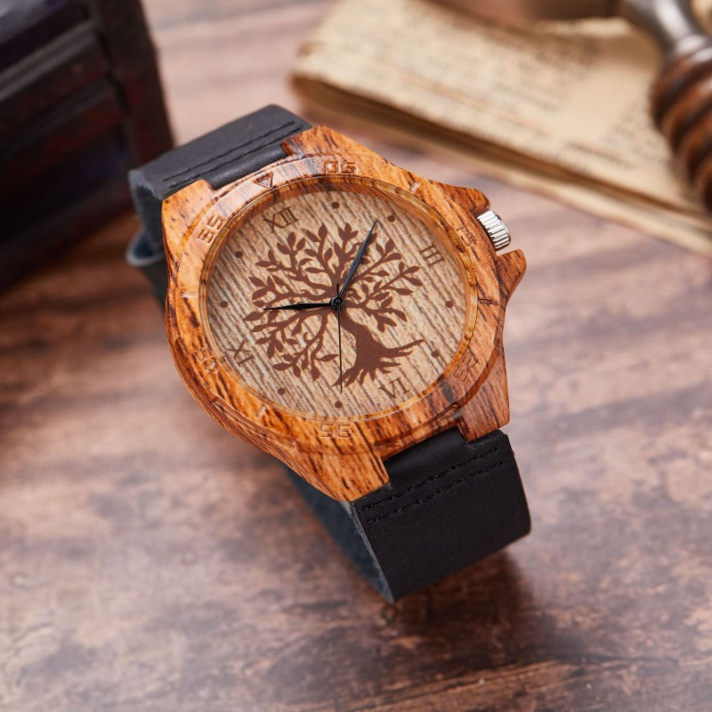 Montre en bois avec bracelet en cuir